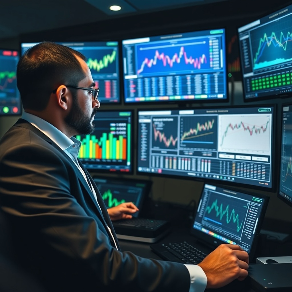 Professional stock photo of a Syrian businessman analyzing cryptocurrency transaction data on multiple digital screens, with charts and graphs visible, representing taxable crypto events and reporting triggers.