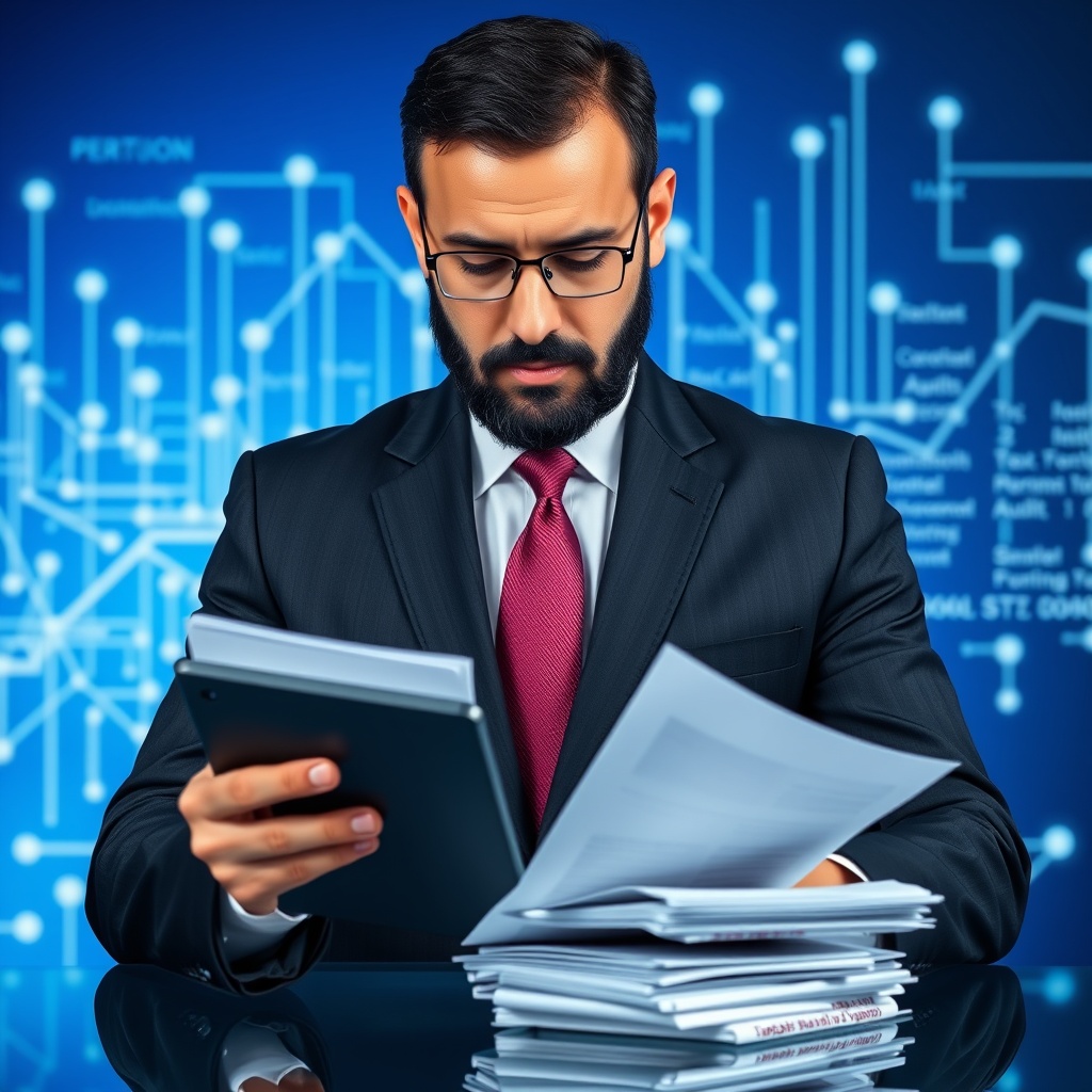 Professional stock photo of a serious Syrian tax official reviewing digital documents on a tablet, with a blockchain visualization in the background, representing penalties, audits, and enforcement mechanisms.