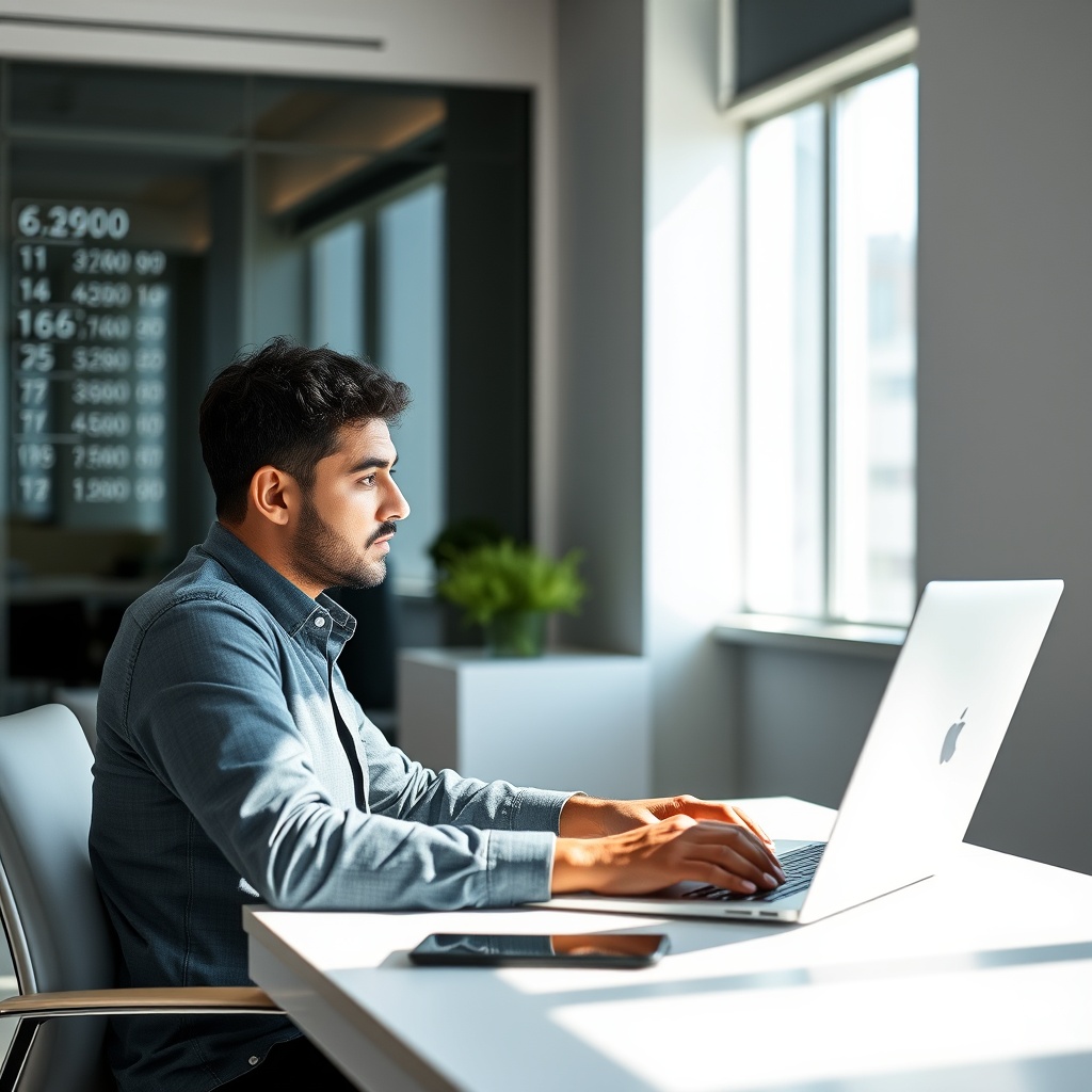 Professional stock photo of a Syrian freelancer at a modern desk, viewing international payment notifications on a laptop screen with multiple currency symbols subtly displayed in the background, clean office setting with natural light.