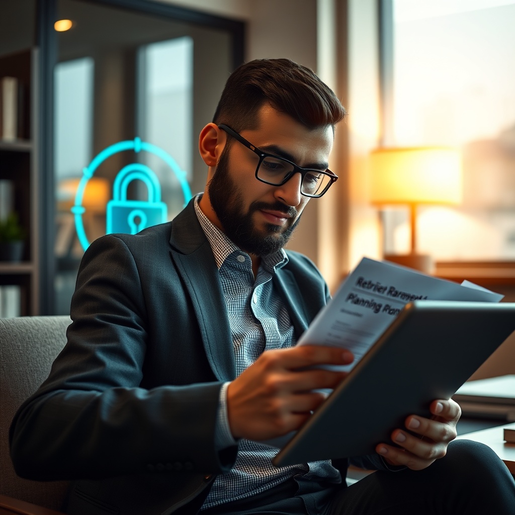 Professional stock photo of a Syrian freelancer reviewing retirement planning documents on a tablet, with a secure digital safe or lock icon subtly visible in the background, warm and trustworthy office atmosphere.