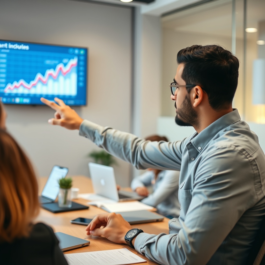 Professional stock photo of a Syrian freelancer in a business meeting, pointing to a financial growth chart on a screen, with a small team or client visible in the background, modern collaborative workspace.