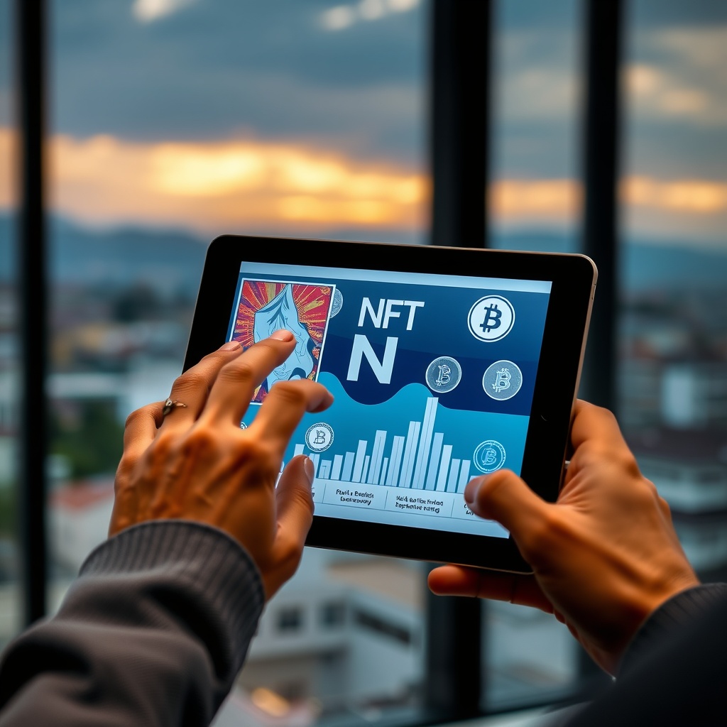 Professional stock photo of hands interacting with a tablet displaying NFT artwork and stablecoin symbols, with a blurred cityscape of Skopje visible through a window.