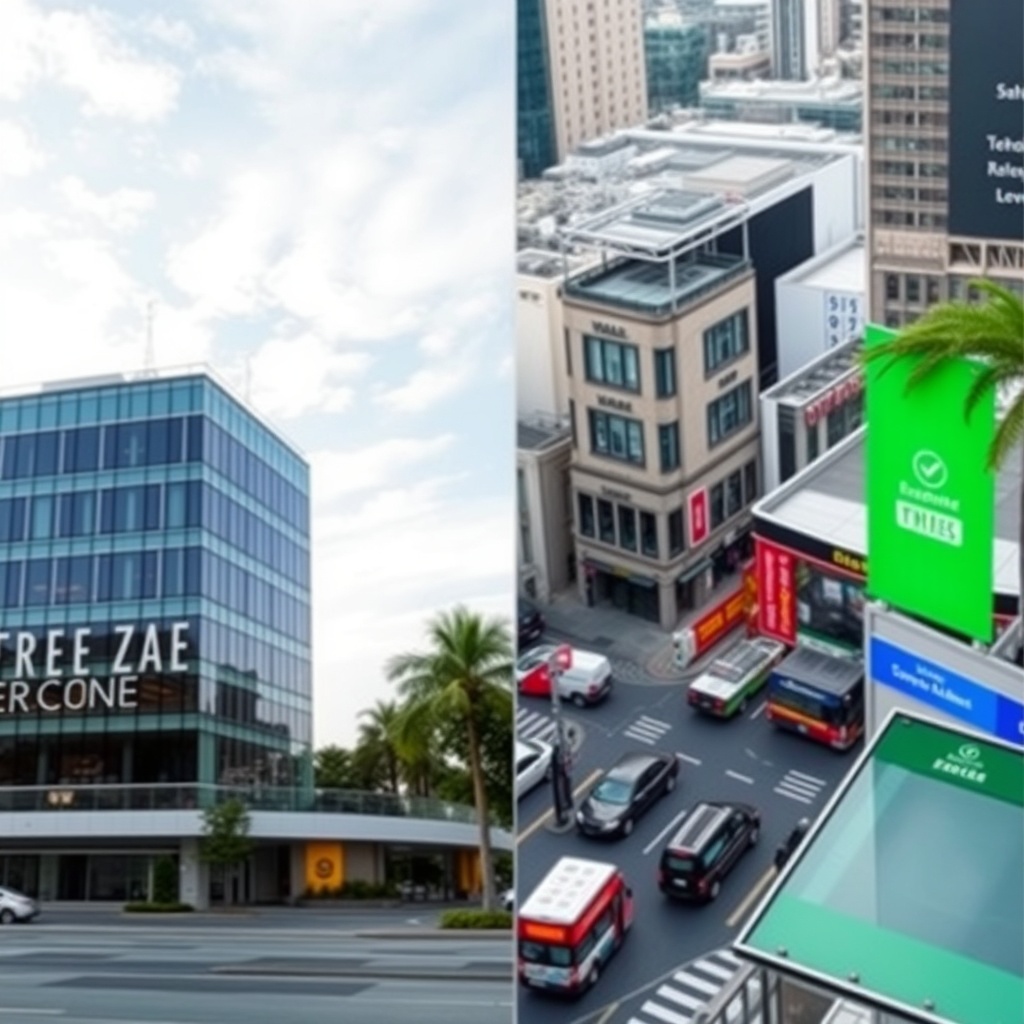 Professional stock photo of a split-screen comparison showing a modern office building in a free zone on one side and a bustling city street with commercial buildings on the other, representing business structure choices.
