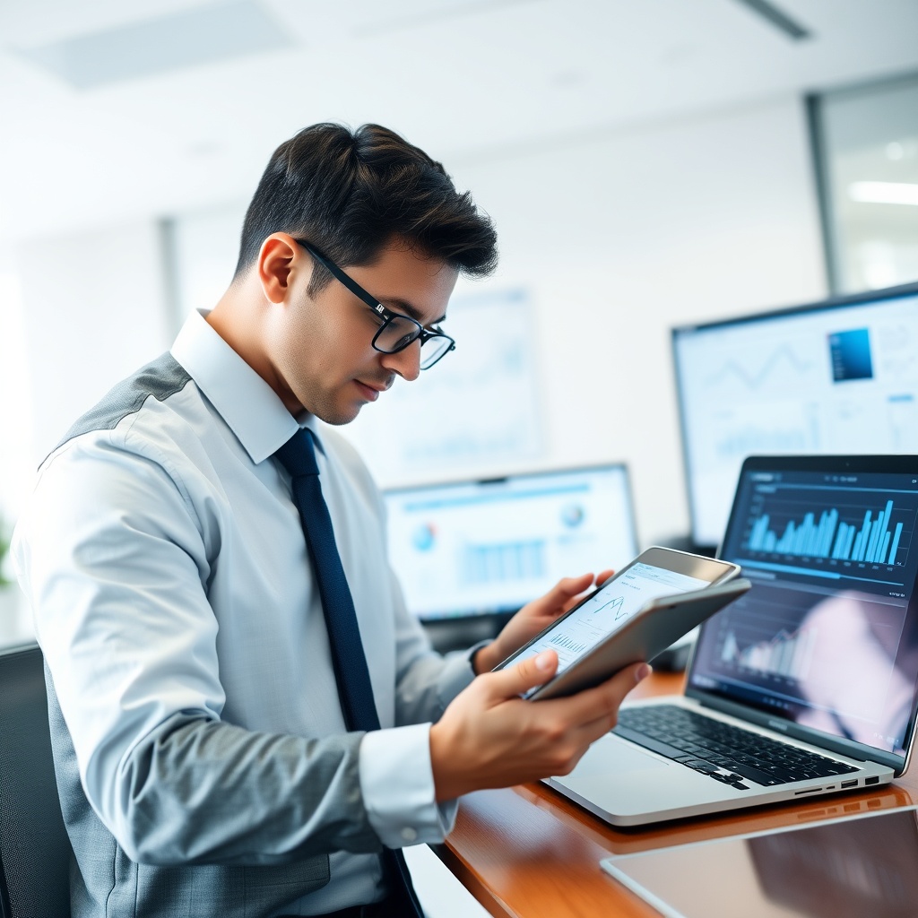 Professional stock photo of a person in business attire organizing digital financial records on a tablet and laptop, with a clean office background and charts visible on screens.