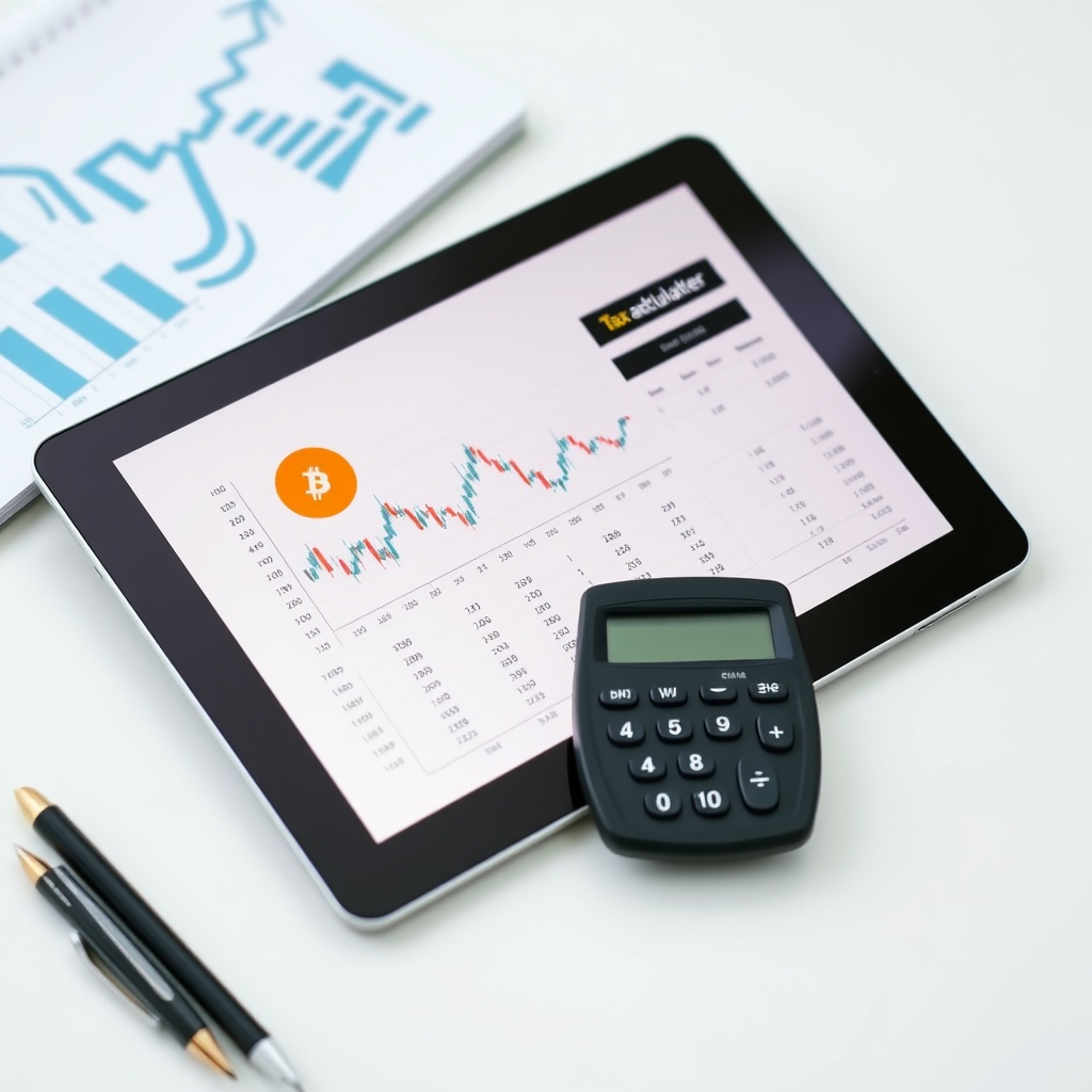 Professional stock photo of a modern digital tablet displaying cryptocurrency charts and a calculator, placed on a clean desk with a notepad and pen, symbolizing tax calculation and financial planning.