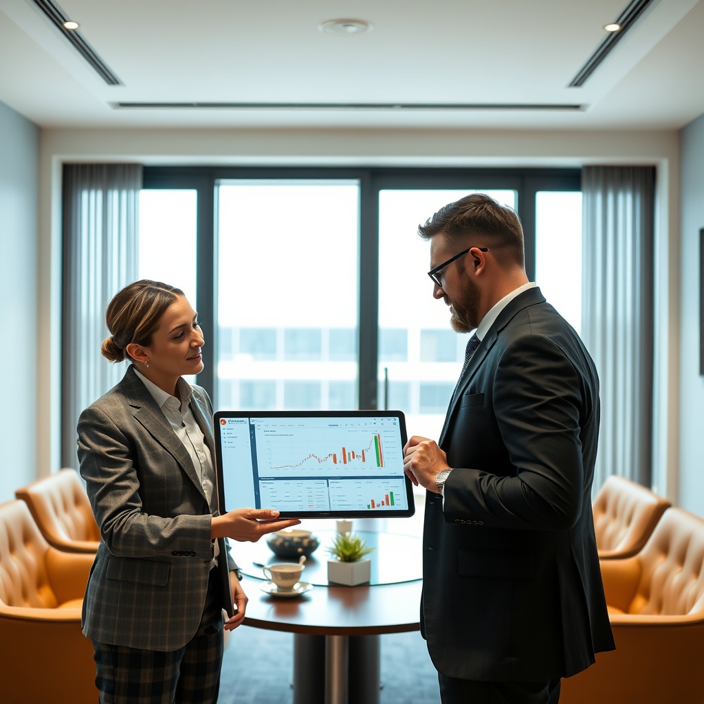 Professional stock photo of a financial advisor and client discussing investment strategies over a tablet showing cryptocurrency portfolio analytics, in a sophisticated meeting room.