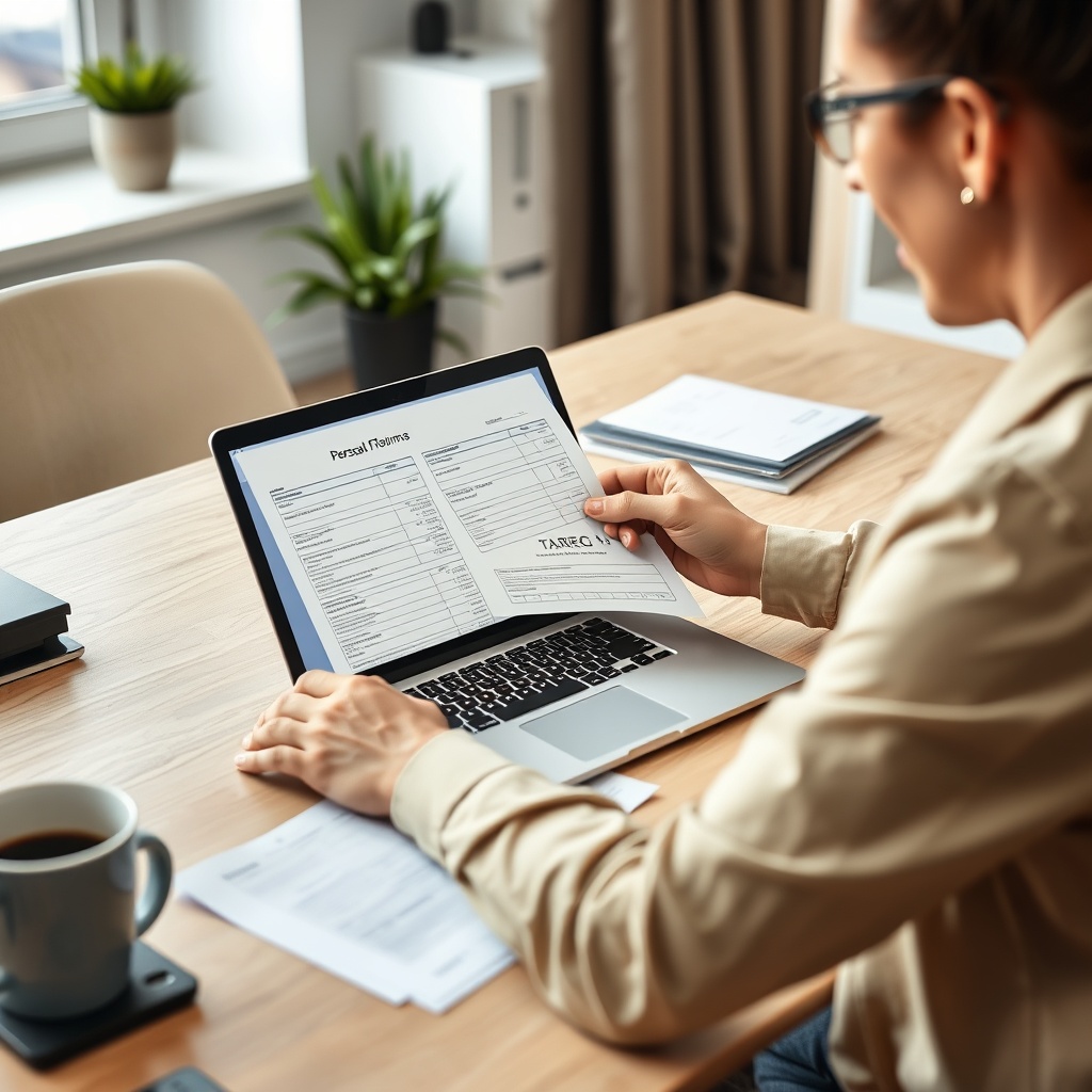 Professional stock photo of a person reviewing personal financial documents and tax forms on a laptop at a modern home office desk, with a calculator and coffee cup nearby, representing personal tax planning.