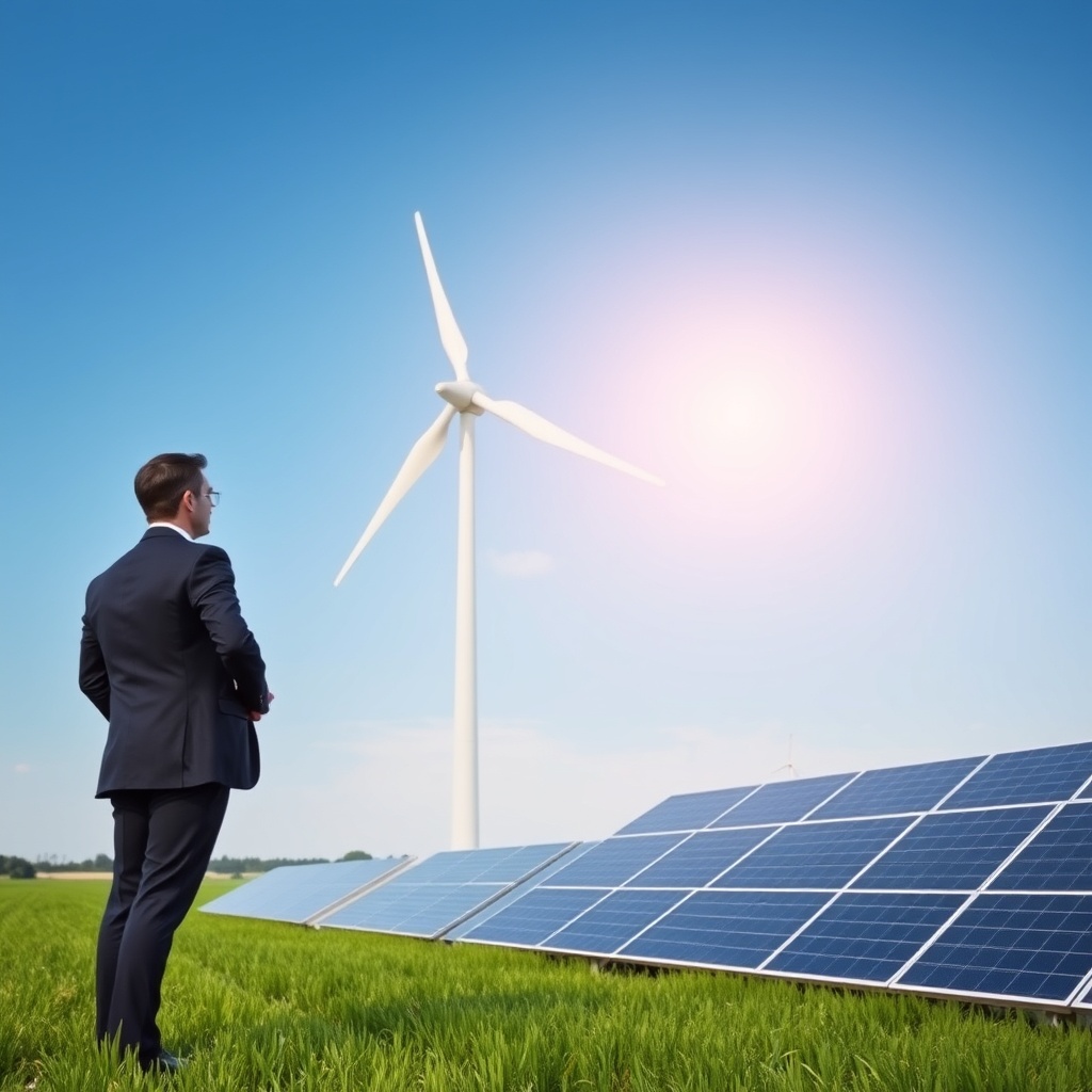 Professional stock photo of a wind turbine and solar panels in a green field under a clear sky, with a businessperson in a suit observing, symbolizing environmental tax incentives and sustainable energy.
