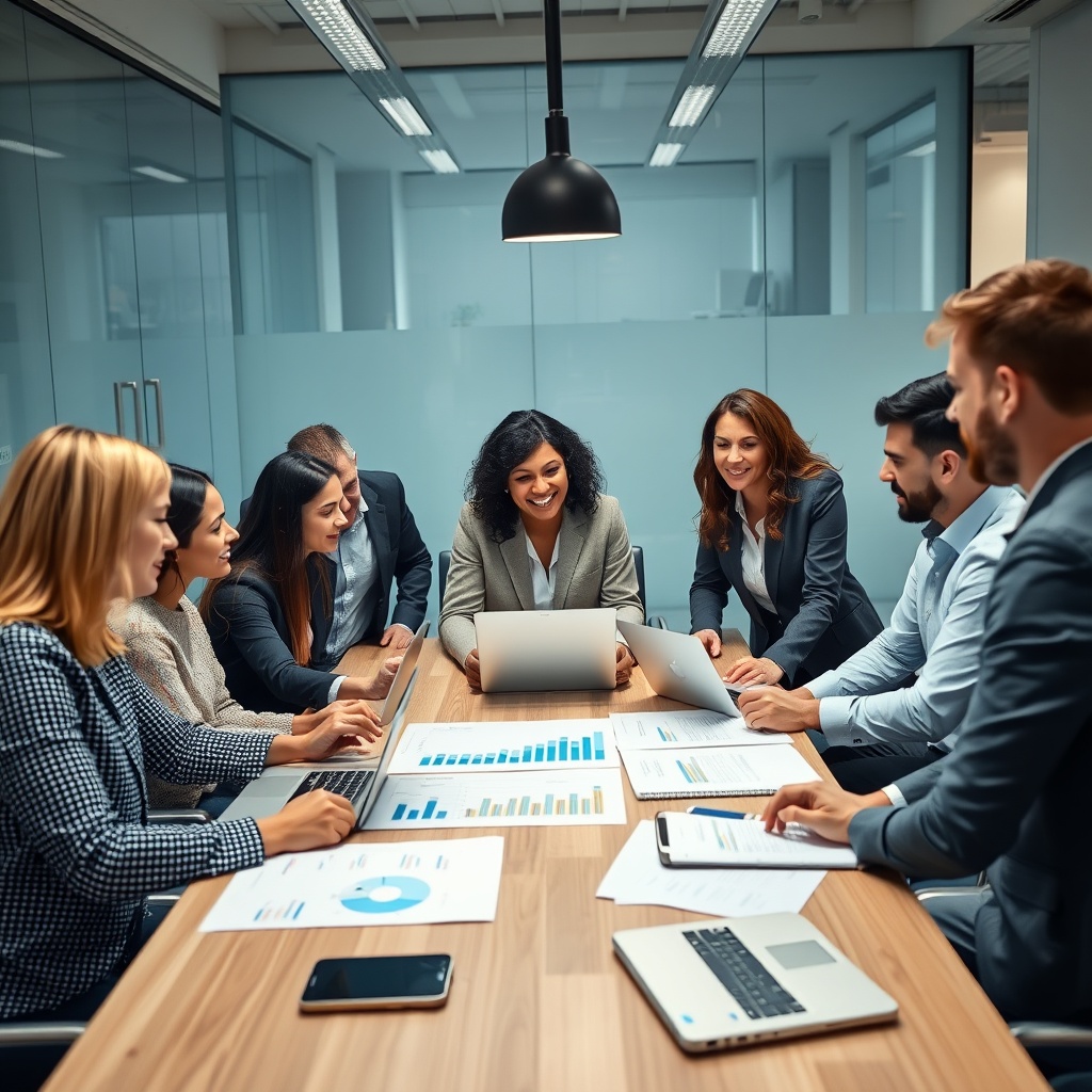 Professional stock photo of a diverse team in a modern office collaborating around a table with charts, laptops, and strategy documents, focused on business planning and risk management.