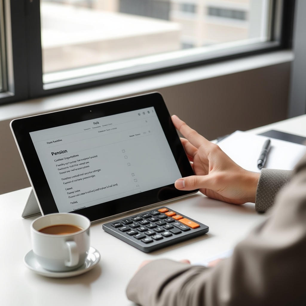 Professional stock photo of a person reviewing pension documents on a tablet, with a calculator and coffee cup on a modern desk, representing pension options and planning for self-employed professionals.