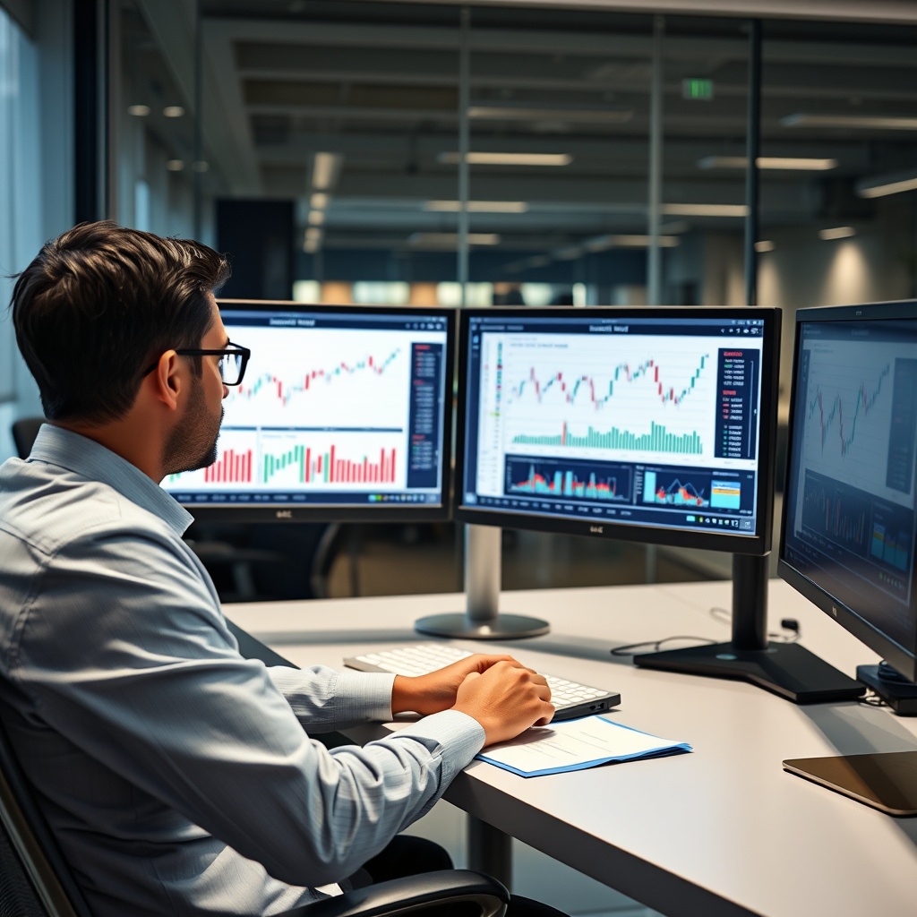 Professional stock photo of a focused businessperson analyzing financial charts on dual monitors in a sleek office, symbolizing advanced pension strategies and investment control for high earners.