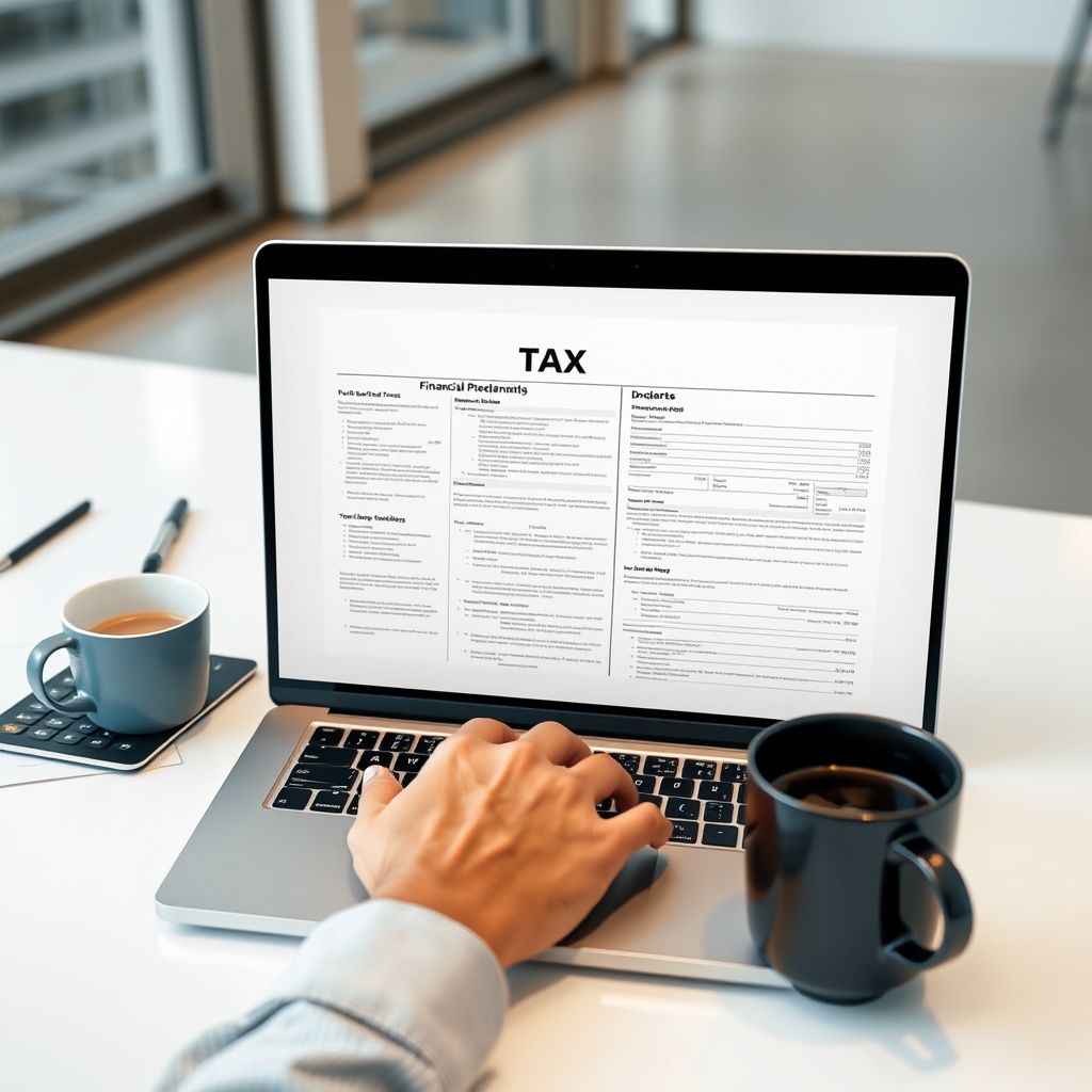 A professional stock photo of a person analyzing tax documents on a laptop with a calculator and coffee cup on a modern desk, representing financial planning and tax system understanding.