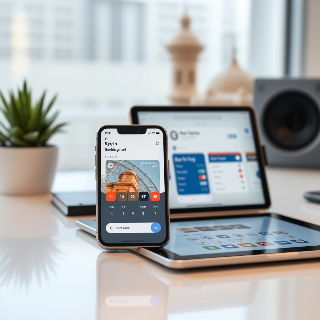 Professional stock photo of a split-screen visual comparison on a modern desk: a sleek smartphone displaying a mobile wallet app next to a tablet showing a banking app interface, with subtle Syrian architectural elements in the background.