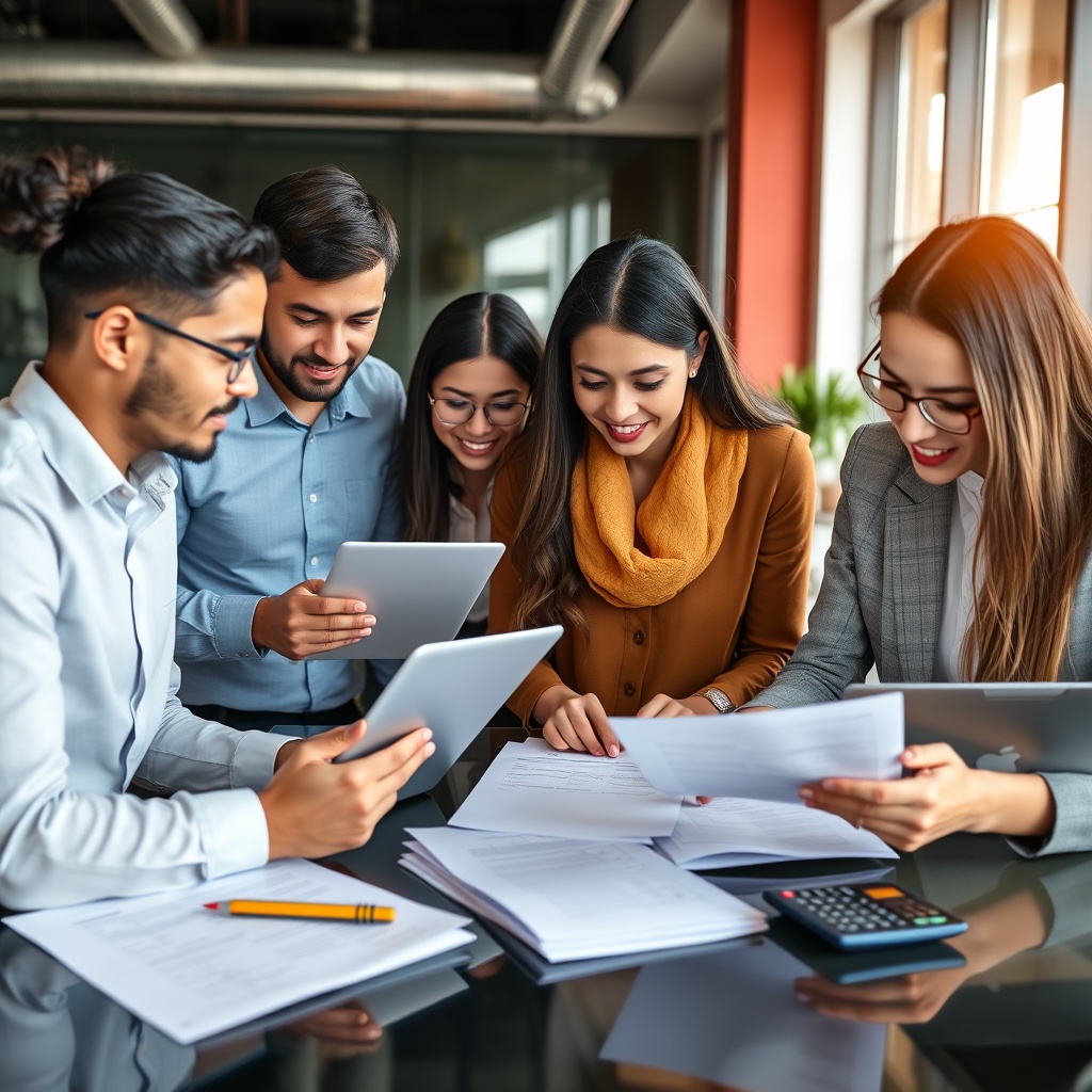 Professional stock photo of a diverse group of foreign professionals in a modern office setting reviewing financial documents and tax forms, with laptops and calculators visible, representing employment income taxation.