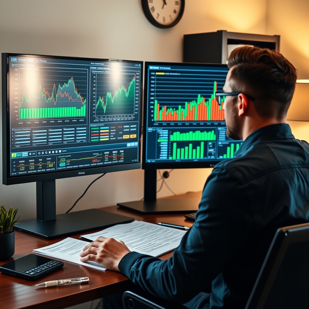 A professional stock photo of a person in a home office reviewing financial charts on dual monitors, with strategic planning notes visible, symbolizing advanced tax optimization and financial strategy.