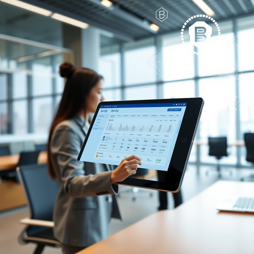 Professional stock photo of a futuristic digital banking interface on a tablet in a modern Taiwanese office, with blockchain and cryptocurrency icons subtly displayed in the background, representing emerging fintech sectors.