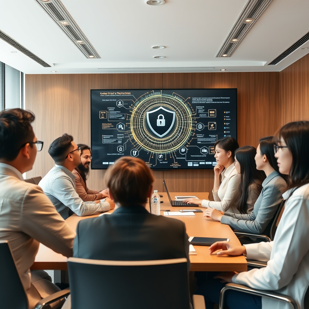 Professional stock photo of a diverse team of fintech professionals in a collaborative meeting room in Taipei, reviewing cybersecurity protocols on a large screen, emphasizing security and data protection.