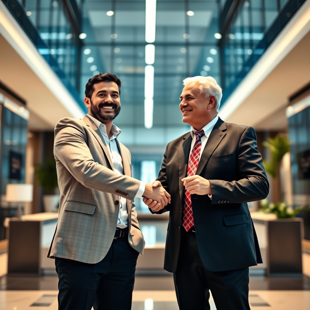 Professional stock photo of a handshake between a fintech startup founder and a traditional bank executive in a sleek corporate lobby, symbolizing partnership development and trust-building.
