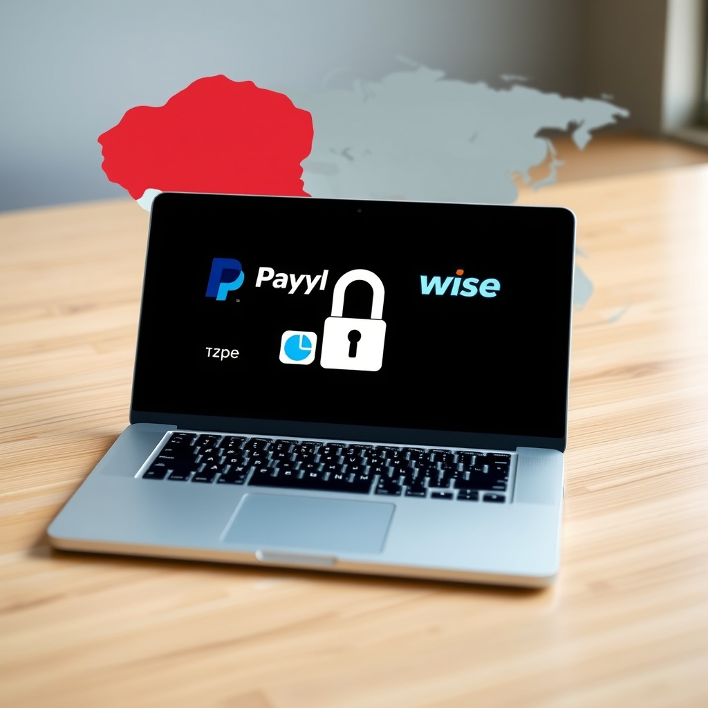 Professional stock photo of a modern laptop displaying international payment platforms like PayPal and Wise, with a subtle map of Tajikistan in the background and a secure lock icon overlay, representing secure cross-border transactions.