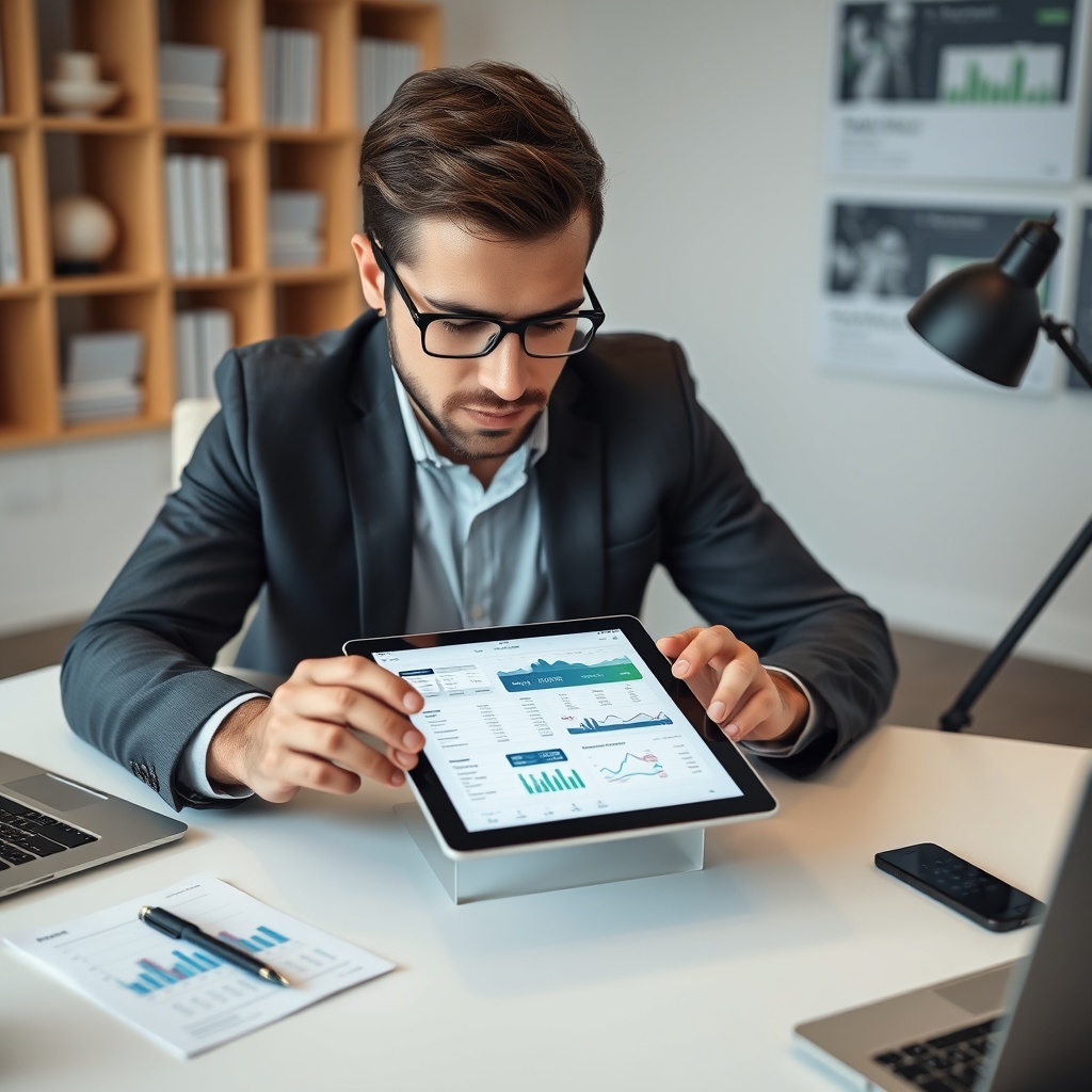 A professional stock photo of a freelancer using a tablet with financial apps and digital banking interfaces on a sleek desk, representing modern financial technology tools.