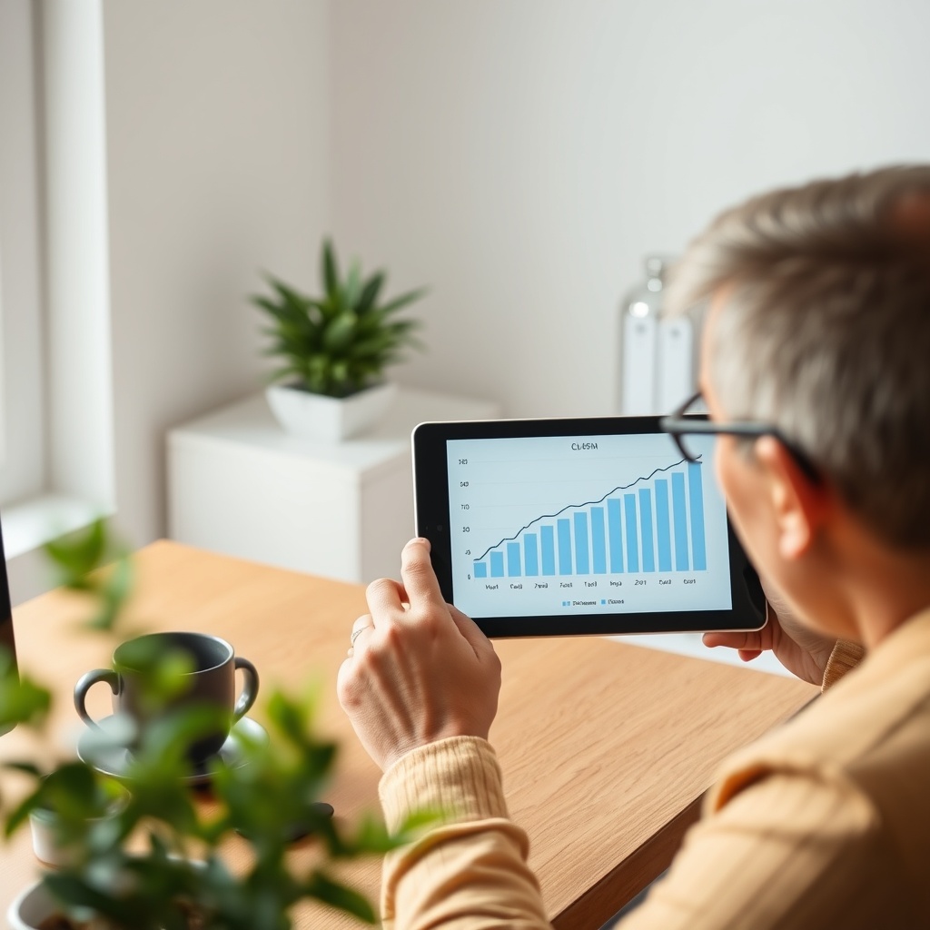 Professional stock photo of a person in a modern home office in Tajikistan reviewing a long-term financial growth chart on a tablet, with a coffee cup and plant nearby, symbolizing retirement and future planning.