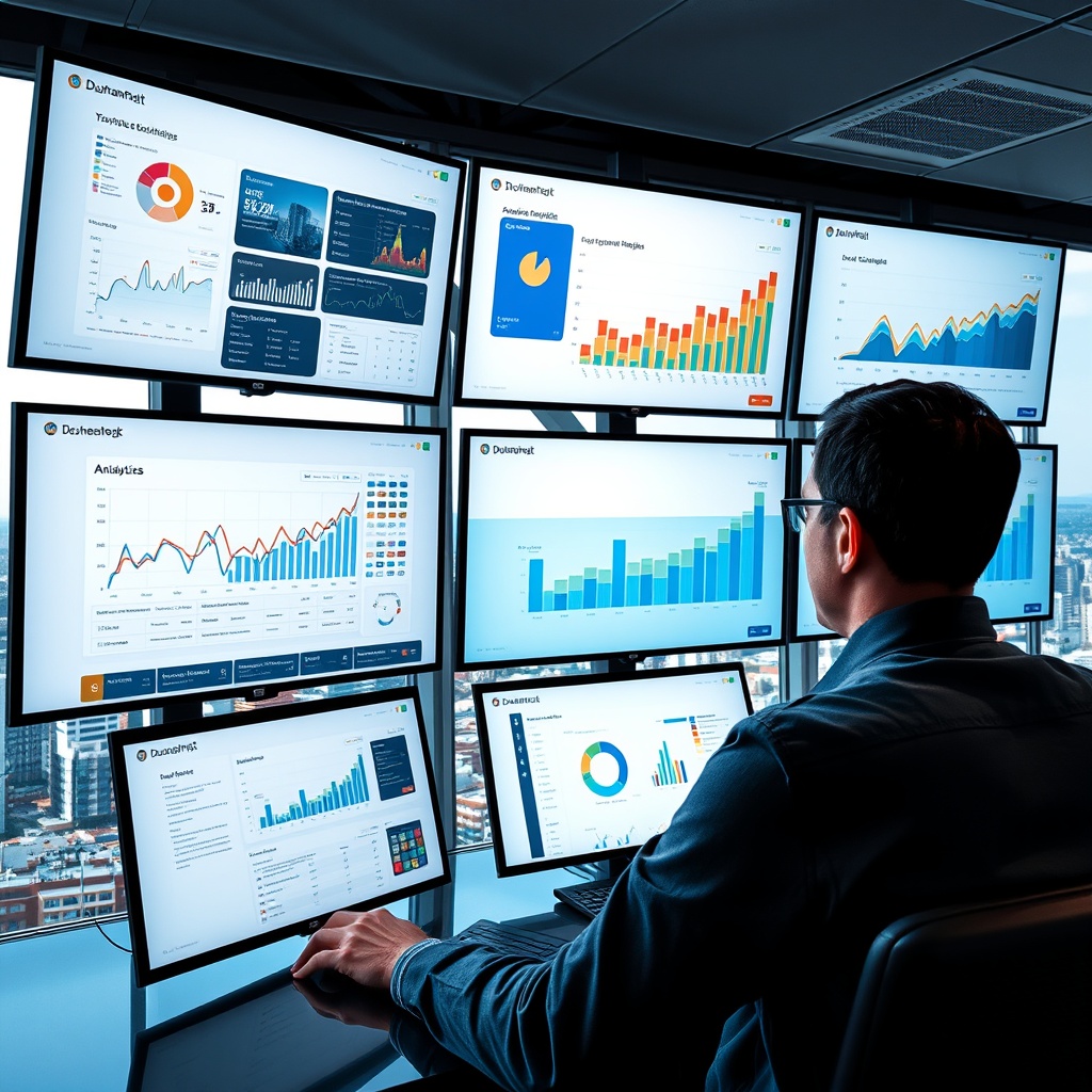 Professional stock photo of a person in Dushanbe managing multiple digital screens showing analytics and team collaboration tools, with a cityscape view, representing business scaling and growth.