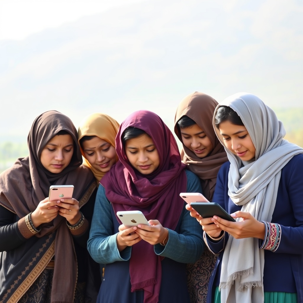 Professional stock photo depicting a diverse group of Tajik people, including women and youth in rural and urban settings, engaging with digital financial tools on mobile devices to represent financial inclusion.