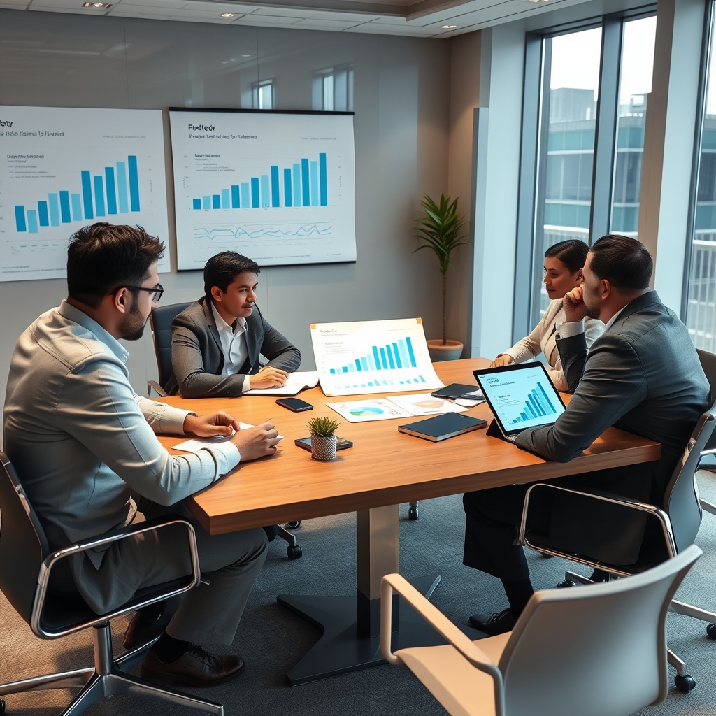 Professional stock photo of a modern business meeting in Tajikistan, with investors and entrepreneurs discussing fintech opportunities, featuring charts, digital devices, and a collaborative atmosphere.