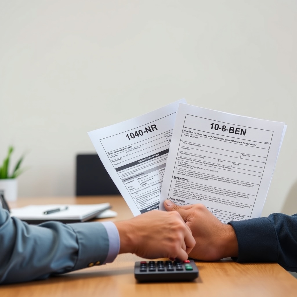 Professional stock photo of a person holding essential US tax forms including Form 1040-NR and Form W-8BEN on a desk with a laptop and calculator, clean office background, professional lighting, no text.