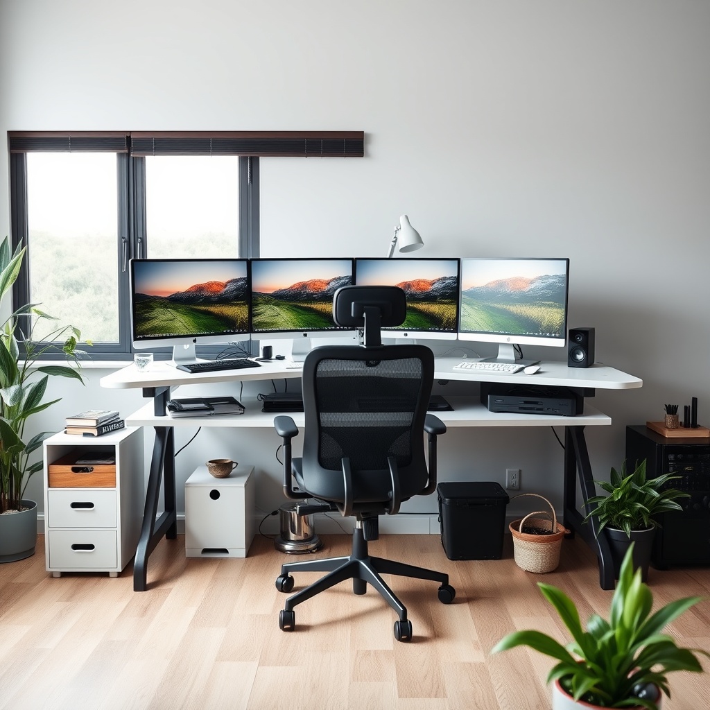 Professional stock photo of a modern home office setup with dual monitors, ergonomic chair, and organized workspace, representing tax deductions for remote workers in Norway.