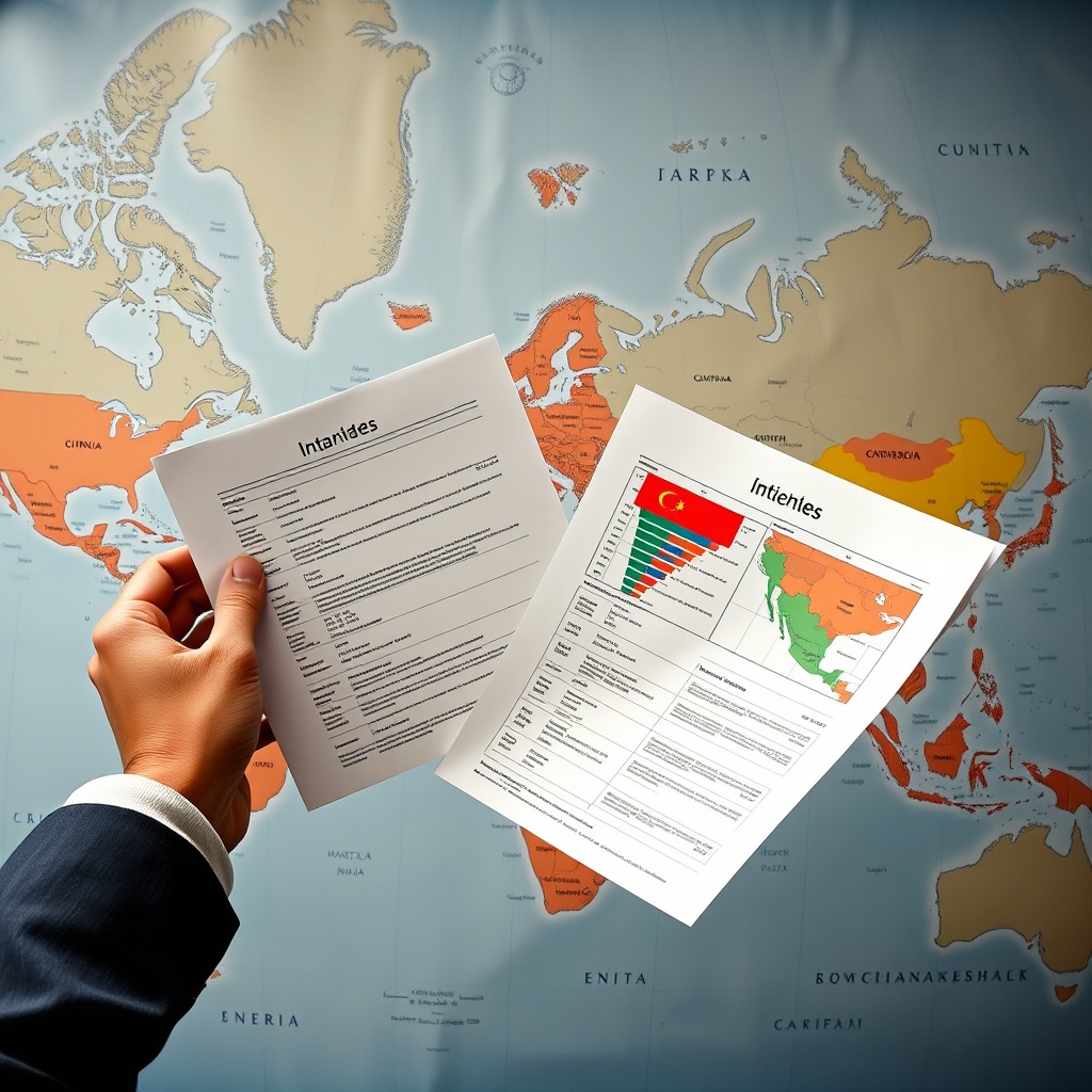 Professional stock photo of a person comparing financial documents from different countries on a world map background, illustrating cross-border banking and reporting considerations.