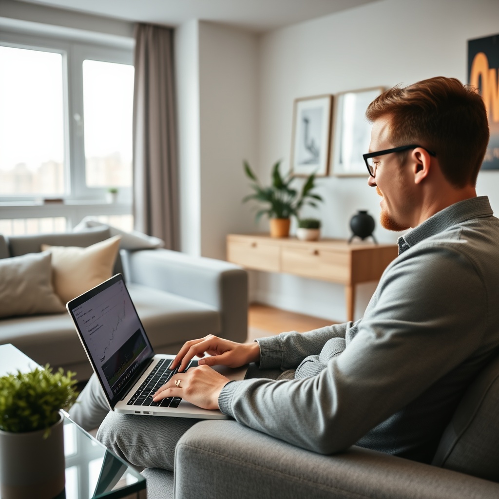Professional stock photo of a high-earning remote worker reviewing financial charts on a laptop in a stylish Scandinavian apartment, symbolizing wealth tax considerations.