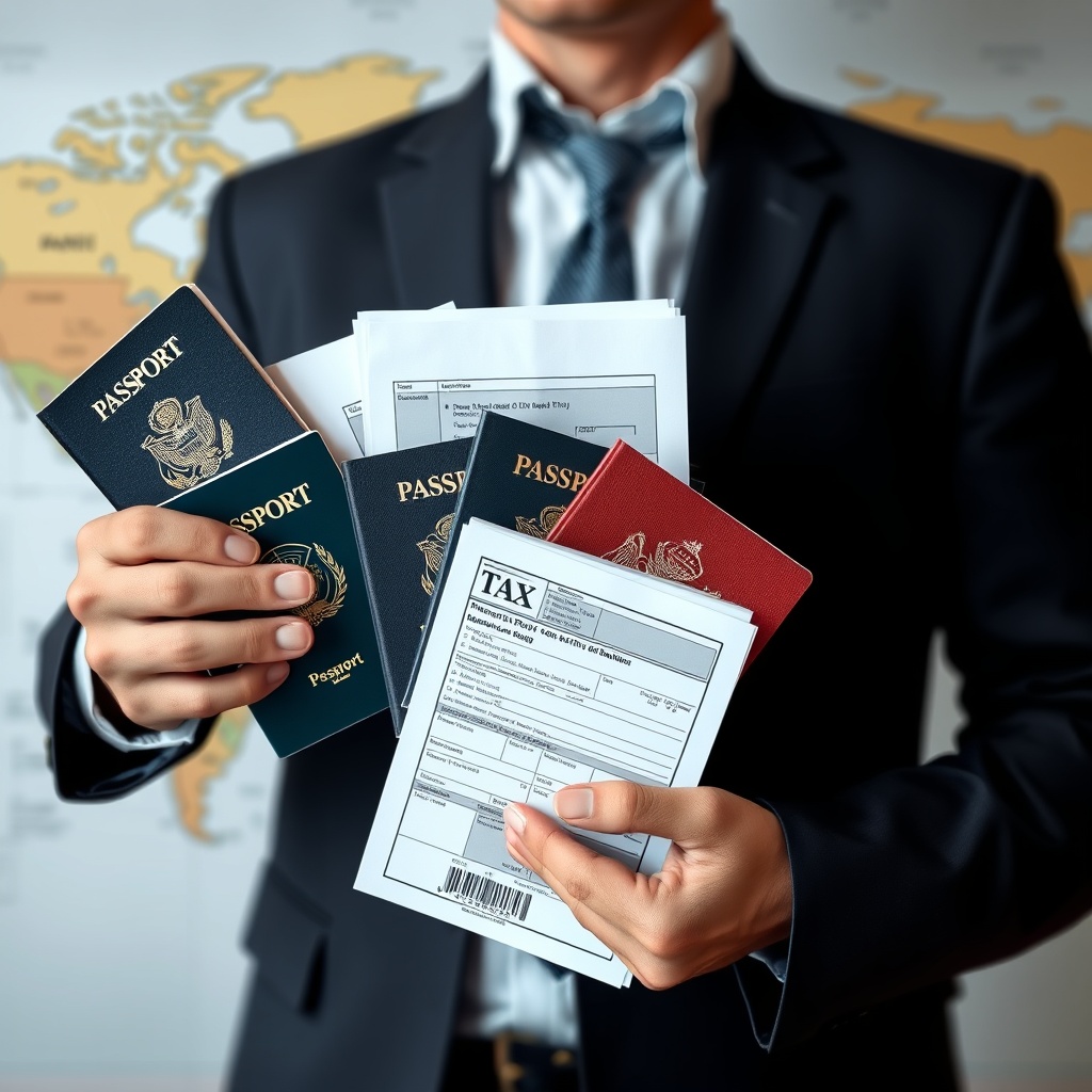 Professional stock photo of a person holding multiple passports and tax documents, with a world map in the background, illustrating cross-border tax considerations.