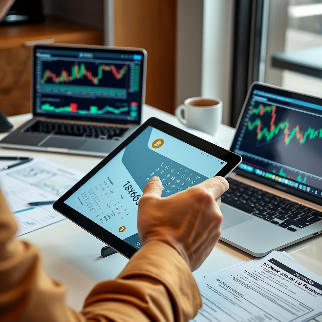 Professional stock photo of a person analyzing cryptocurrency tax calculations on a digital tablet, with a clean desk setup showing financial documents and a laptop displaying crypto charts, in a modern office environment.