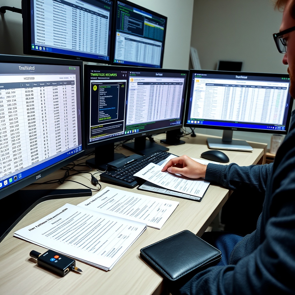 Professional stock photo of a person organizing digital cryptocurrency transaction records on multiple monitors, with a secure hardware wallet and printed documentation neatly arranged on a desk, emphasizing meticulous record-keeping.