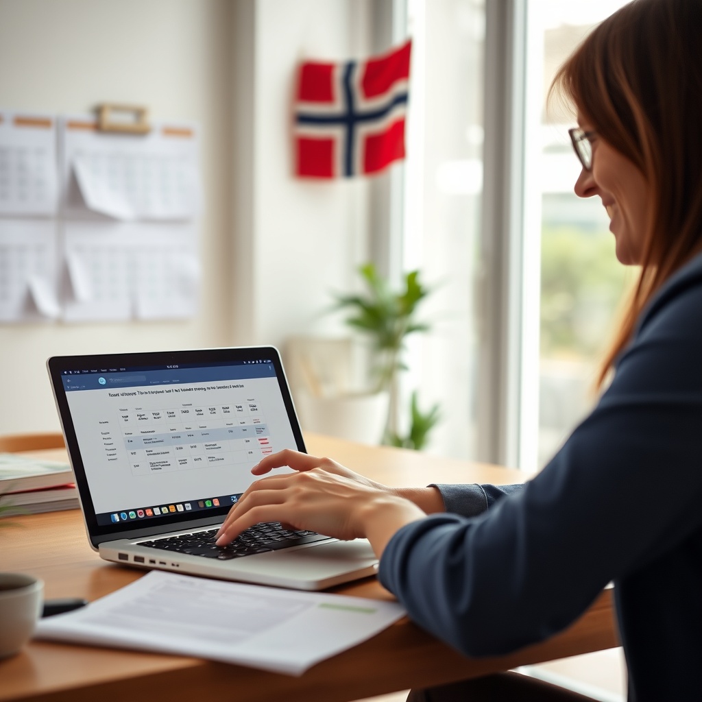 Professional stock photo of a person confidently submitting a digital tax return on a laptop, with a calendar showing important deadlines and a Norwegian flag subtly in the background, in a bright home office setting.