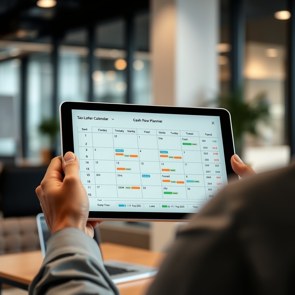 Professional stock photo of a person reviewing a financial calendar and cash flow chart on a tablet, with a modern office background, representing tax payment planning and cash flow management.