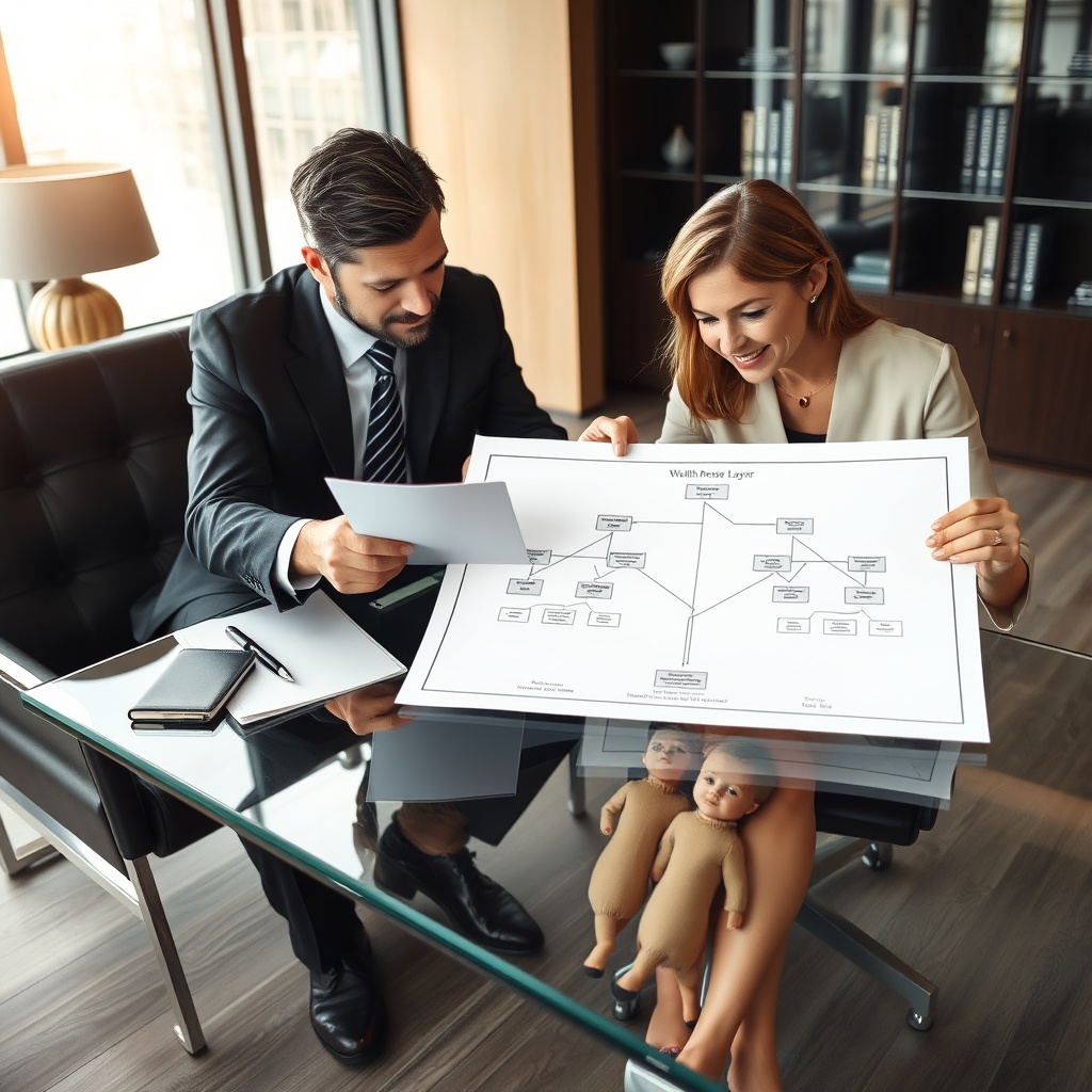 Professional stock photo of a lawyer and client reviewing legal documents and a family tree diagram on a glass table in a sophisticated office, symbolizing wealth preservation and intergenerational planning.