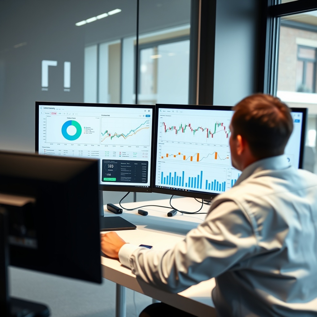 Professional stock photo of a person using advanced portfolio tracking software on a dual-monitor setup, with data visualizations and analytics dashboards visible, in a sleek, modern workspace.