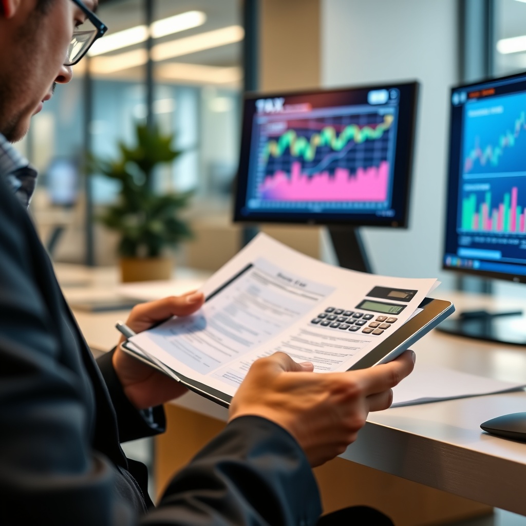 Professional stock photo of a person in a modern office environment reviewing tax documents on a tablet, with a calculator and financial charts visible on a screen in the background, representing income tax calculation.