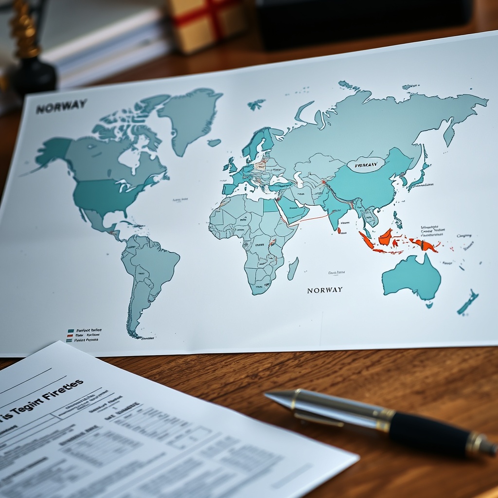 Professional stock photo of a world map with highlighted connections between Norway and other countries, symbolizing international tax treaties and agreements, on a desk with legal documents.