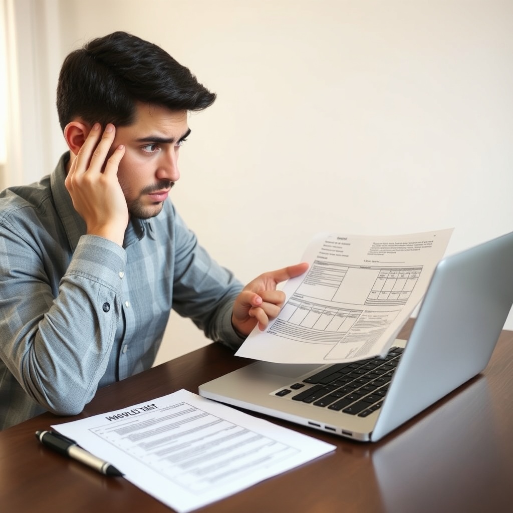 Professional stock photo of a person looking concerned while reviewing financial documents on a laptop, with a checklist and pen nearby, representing common tax mistakes and avoidance.