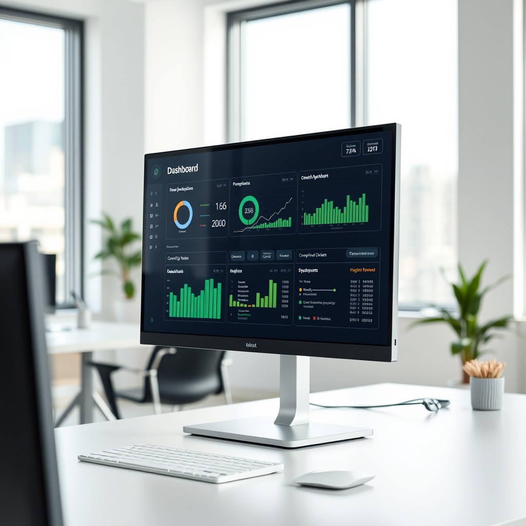 A professional stock photo of a modern, sleek financial dashboard on a computer screen in a Norwegian office, displaying ESG metrics and green investment data, with a clean, minimalist design and natural lighting.
