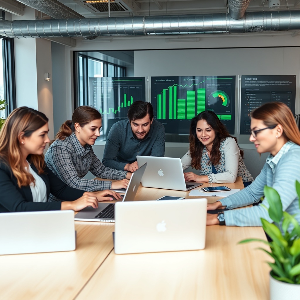 A professional stock photo of a diverse team of fintech professionals in a collaborative workspace in Oslo, using laptops and digital tools to analyze ESG data, with a focus on teamwork and innovation.