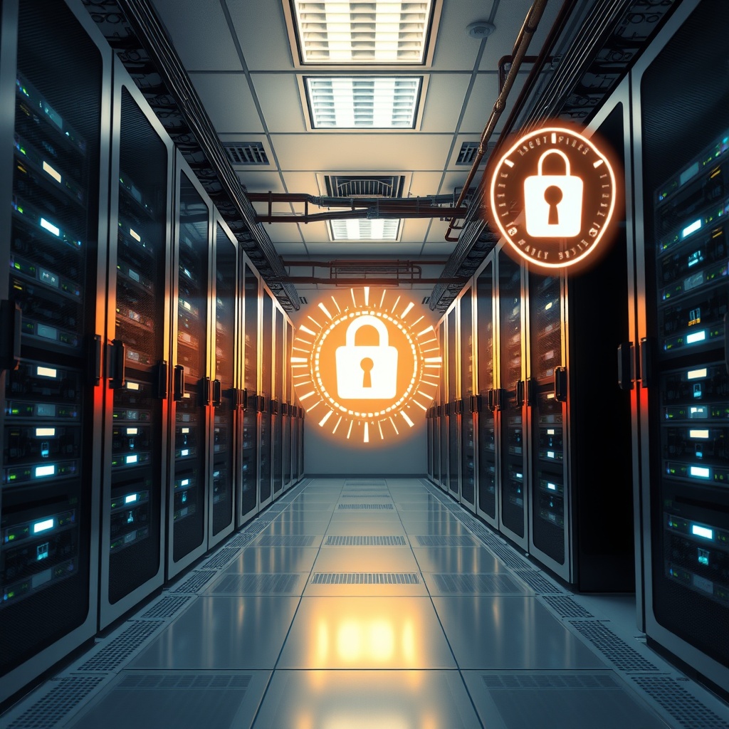 A professional stock photo of a secure server room with advanced cybersecurity infrastructure, featuring glowing lights and quantum-safe encryption symbols, set in a high-tech Norwegian data center.