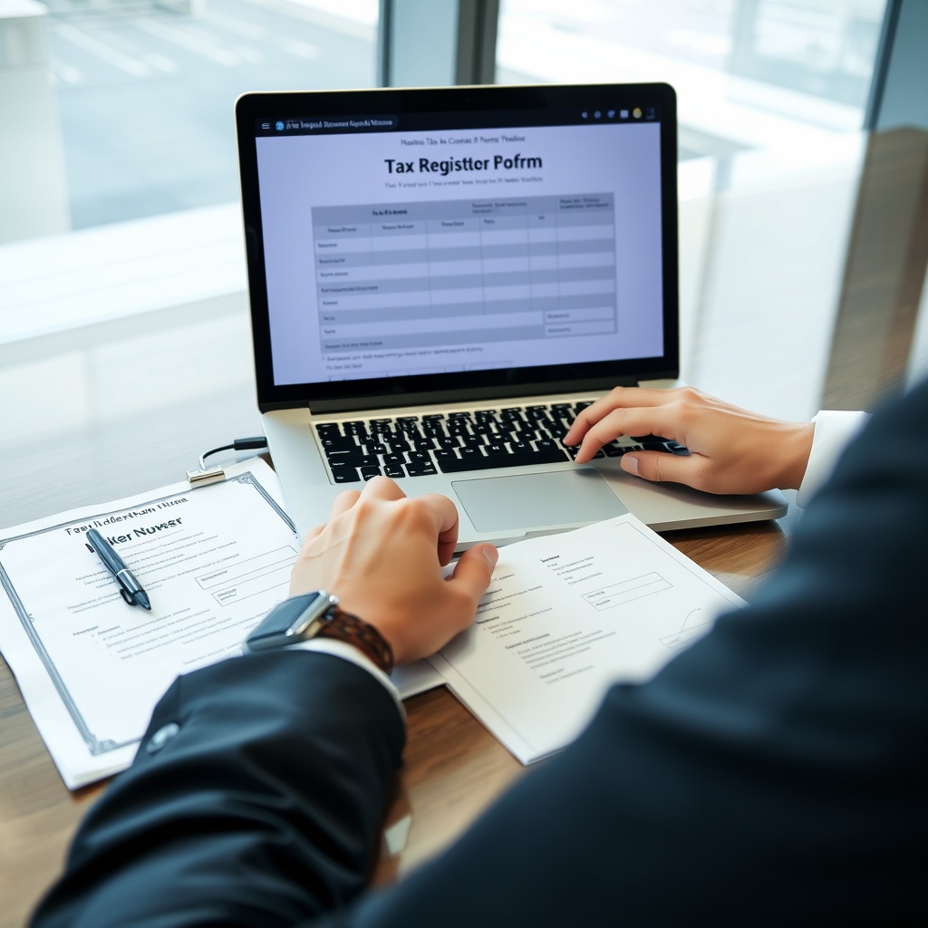 Professional stock photo of a person in business attire completing a digital tax registration form on a laptop, with official documents and a tax identification number certificate visible on a modern office desk.