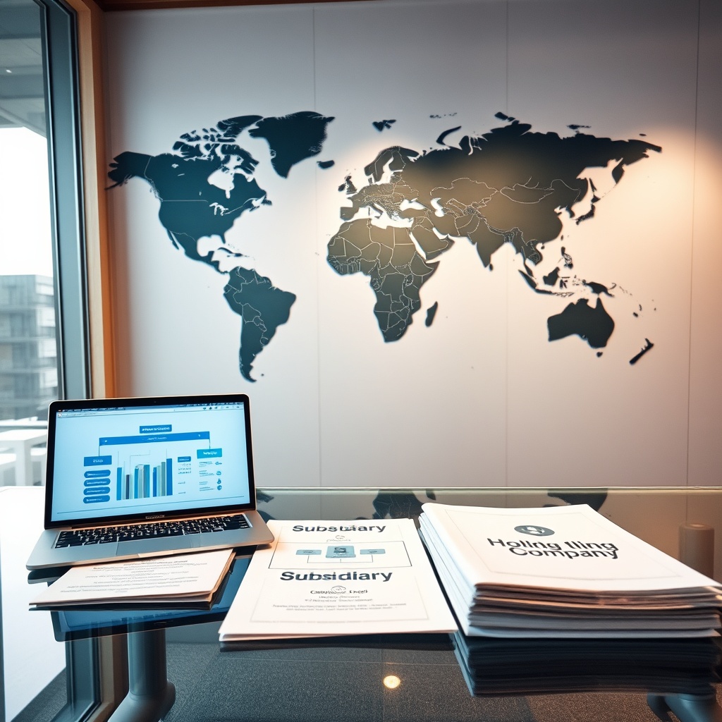 Professional stock photo of a modern office with a global map on the wall, a laptop displaying corporate structure charts, and documents labeled 'Subsidiary', 'Branch', 'Holding Company' neatly arranged on a glass desk.