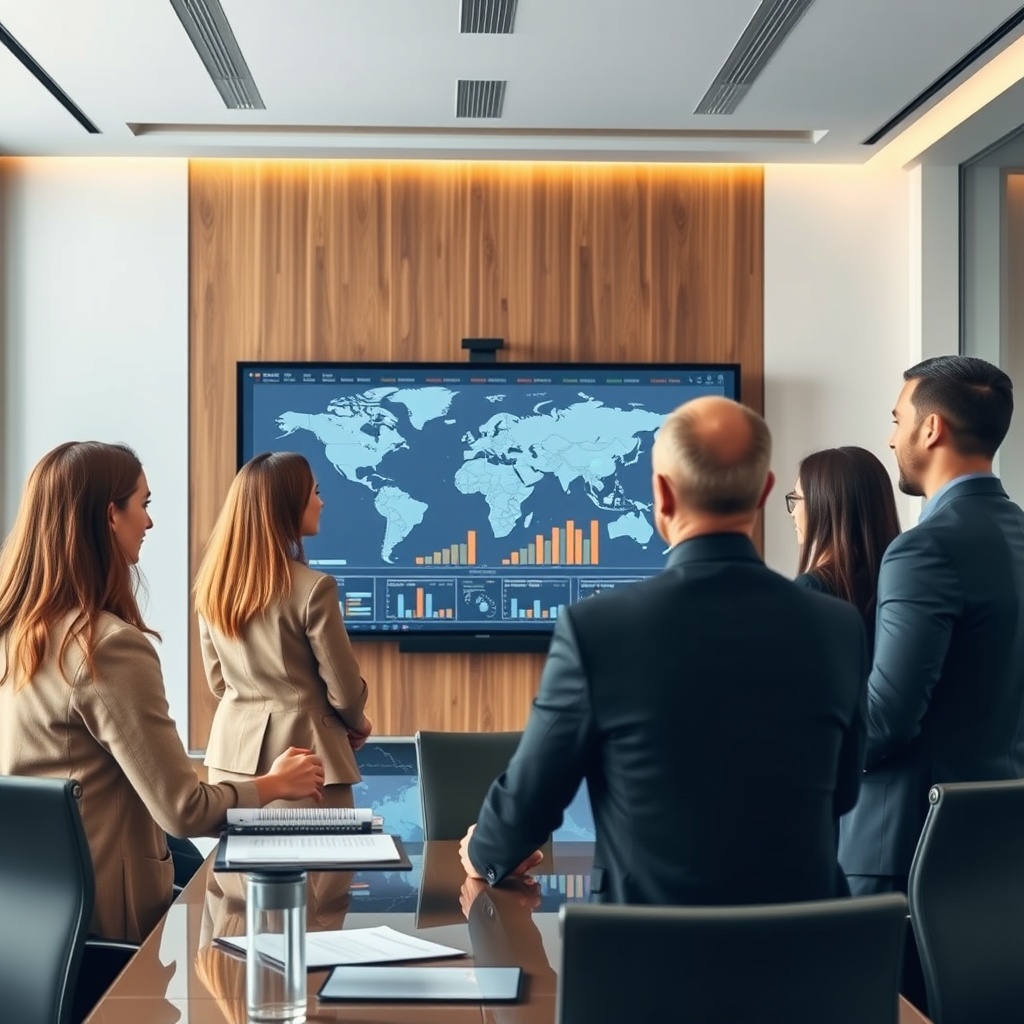 Professional stock photo of a diverse team of international business professionals reviewing a global map and financial charts on a large screen in a modern boardroom, symbolizing international tax considerations.