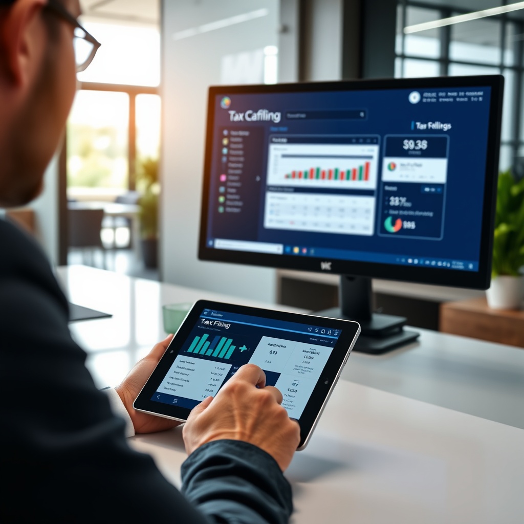 Professional stock photo of a person using a tablet with a digital tax filing interface and accounting software dashboard displayed on a computer monitor in a sleek, contemporary office setting.