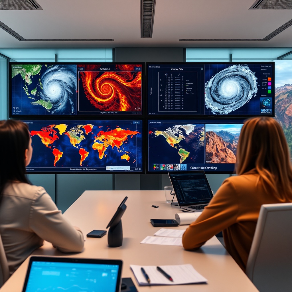 Professional stock photo of a modern office with analysts reviewing climate risk models on large digital screens, showing hurricane and wildfire data visualizations, with natural disaster imagery subtly displayed in the background, representing climate impact and catastrophe modeling.